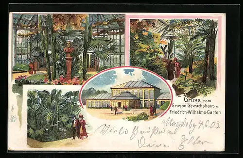 Lithographie Magdeburg, Gasthof Gruson-Gewächshaus und Friedrich-Wilhelms-Garten