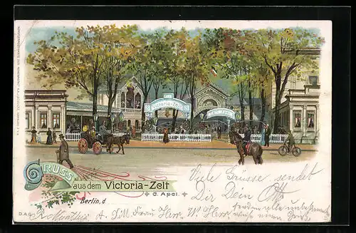 Lithographie Berlin-Tiergarten, Gasthaus Victoria-Zelt C. Apel, Strassenansicht mit Reiter und Kutsche