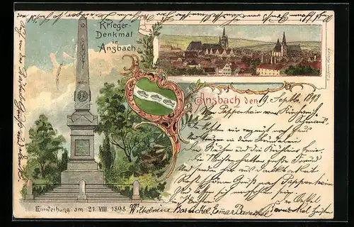 Lithographie Ansbach, Teilansicht und Kriegerdenkmal, Anlasskarte Einweihung 1898, Wappen