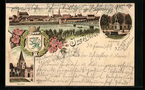 Lithographie Ingolstadt, Kriegerdenkmal, Panorama mit Brücke, Kreuzthor, Wappen
