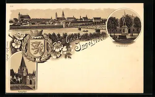 Lithographie Ingolstadt, Panorama mit Brücke, Kreuzthor, Wappen, Kriegerdenkmal