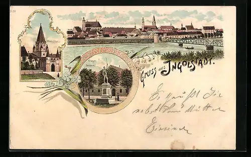Lithographie Ingolstadt, Ortspanorama mit Brücke und Mauer, Kreuzthor, Kriegerdenkmal