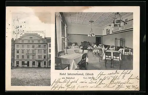 AK Lübeck, Hotel International am Bahnhof, Gebäude und Speiseraum