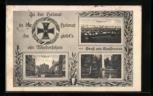 Passepartout-AK Kaufbeuren, Panorama, Rathaus, Jordan-Anlage, Eisernes Kreuz 1914