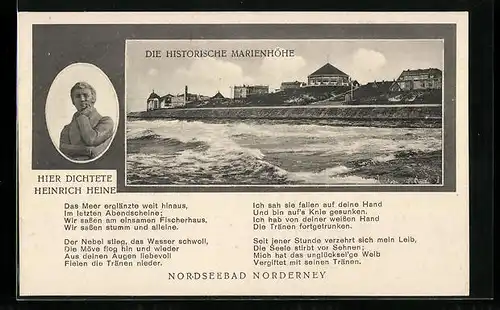 AK Norderney, Historische Marienhöhe, Statue und Gedicht Heinrich Heine