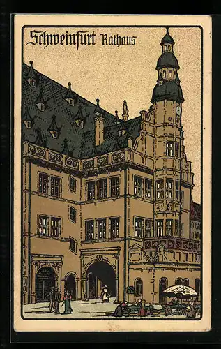 Steindruck-AK Schweinfurt, Rathaus mit Marktständen