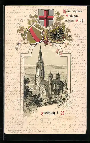 Passepartout-Lithographie Freiburg i. B., Kirche aus der Vogelschau, Wappen
