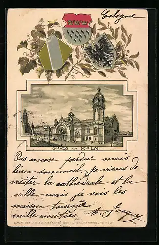Passepartout-Lithographie Köln, Bahnhof mit Kirche, Wappen