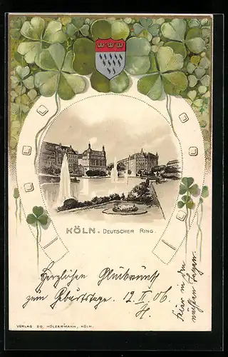 Passepartout-Lithographie Köln-Neustadt, Deutscher Ring mit Wasserfontänen im Hufeisen, Wappen