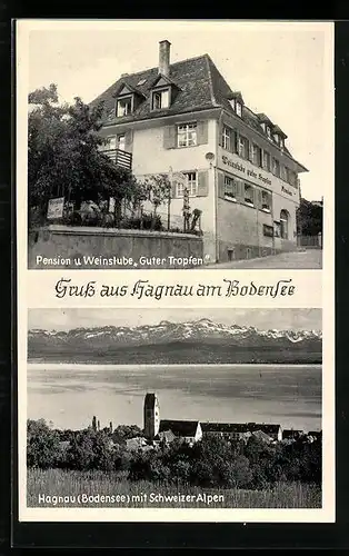 AK Hagnau / Bodensee, Gasthaus-Pension-Weinstube Guter Tropfen, Ortsansicht mit Schweizer Alpen