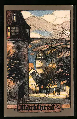 Steindruck-AK Marktbreit a. M., Strassenpartie mit Türmen