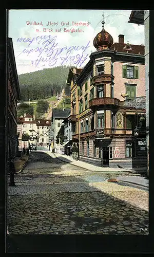 AK Wildbad, Hotel Graf Eberhard mit Blick auf Bergbahn