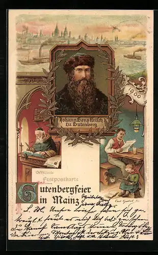 Lithographie Mainz, Ortsansicht, Portrait Johann zu Gutenberg