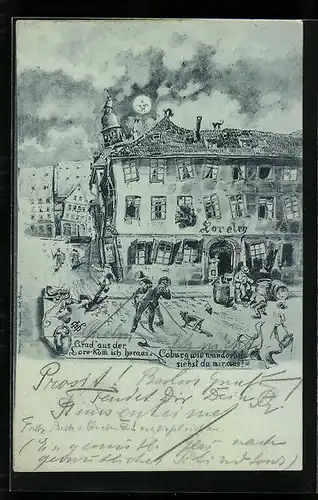 Wirtshaus-AK Coburg, Gasthaus Loreley aus der Sicht eines Betrunkenen