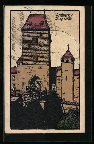 Steindruck-AK Amberg, Darstellung vom Ziegeltor
