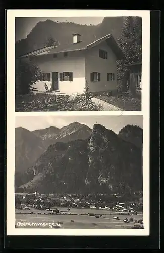 AK Oberammergau, Wohnhaus mit Garten, Ortsansicht gegen das Gebirge