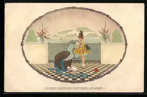 Künstler-AK Mela Köhler: Kleines Mädchen mit einem Korb voller Kätzchen