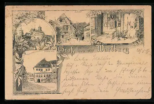 Vorläufer-Lithographie Wartburg, Gesamtansicht, Burghof, Lutherstube 1891