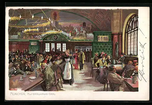 Künstler-Lithographie Paul Hey: München, Gasthof Münchner Hofbräuhaus, Saal