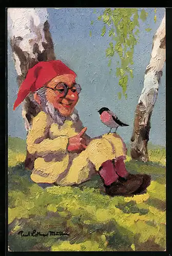 Künstler-AK Paul Lothar Müller: Der Lehrer, Zwerg freut sich über zutraulichen Singvogel