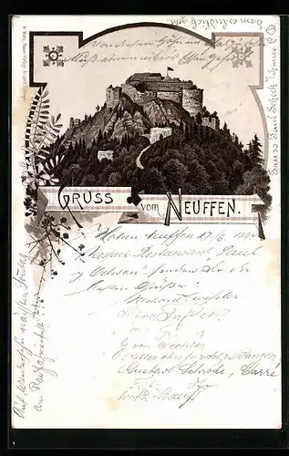 Vorläufer-Lithographie Neuffen, Blick zur Burgruine Hohenneuffen 1894