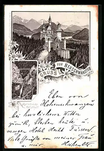 Vorläufer-Lithographie Neuschwanstein, Schloss Neuschwanstein, Marienbrücke 1895