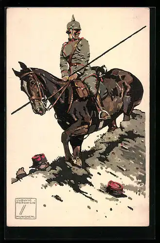 Künstler-AK Ludwig Hohlwein: Deutscher Kavallerist zu Pferd, französischer Soldat versteckt sich im Gebüsch