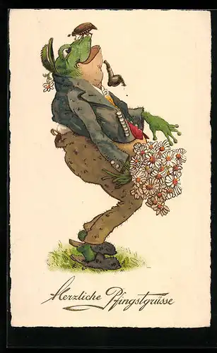 AK Vermenschlichter Frosch mit Blumen und Maikäfer