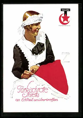 Künstler-AK Ludwig Hohlwein: Türkisch Rote Inletts an Echtheit unübertroffen, Frau mit Kissen