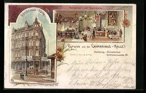 Lithographie Hamburg-Eimsbüttel, Gasthaus Gambrinus-Halle, Schäferkampsallee 58