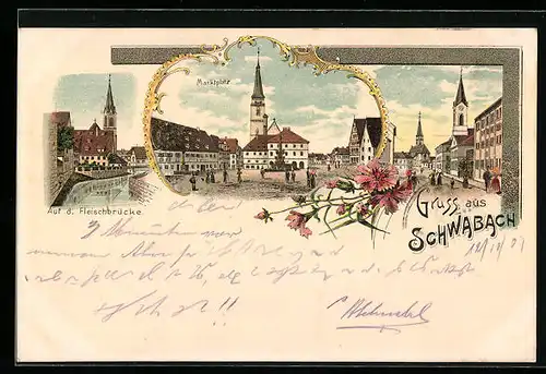 Lithographie Schwabach, Auf der Fleischbrücke, Marktplatz mit Kirche