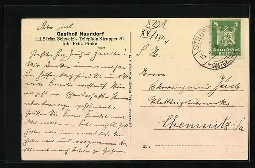 AK Naundorf i. d. Sächs. Schweiz, Gasthof, Inh.: Fritz Finke