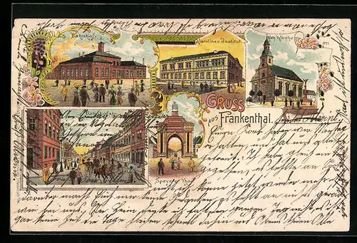 Lithographie Frankenthal, Bahnhof, Karolinen-Institut, Kath. Kirche