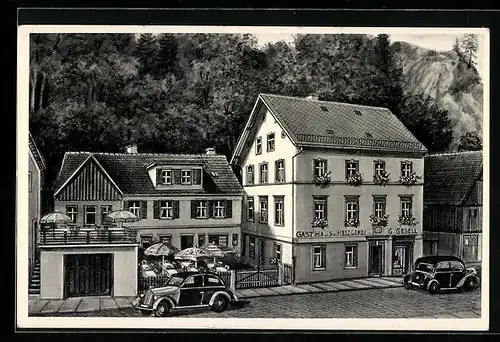 Künstler-AK Berneck i. Fichtelgebirge, Gasthaus u. Metzgerei Georg Gesell