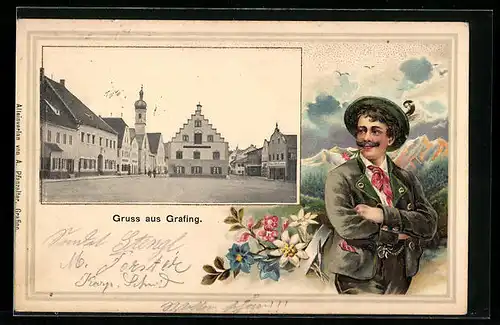 Passepartout-Lithographie Grafing, Ortspartie, Mann in Tracht