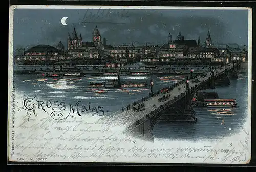 Lithographie Mainz, Ortsansicht mit Rhein und Dampfern, Halt gegen das Licht