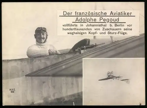 Riesen-AK Berlin-Johannisthal, Französischer Aviatiker Adolphe Pegoud fliegt kopfüber