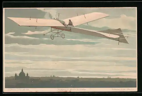 Künstler-AK Flugpionier Latham in seinem Flugzeug über Berlin