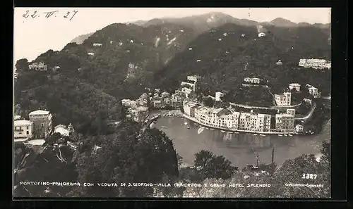AK Portofino, Panorama con Veduta di S. Giorgio, Villa Canervon e Grand Hotel Splendid
