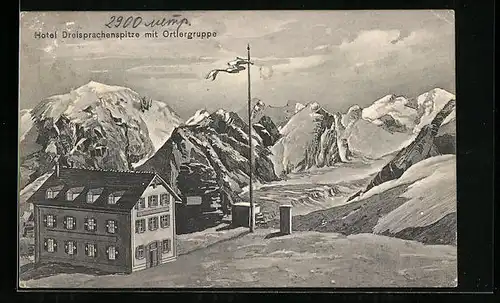 AK Dreisprachenspitze, Hotel mit Ortlergruppe
