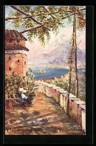 Künstler-AK Castellamare, Idyllischer Blick von einer Terrasse zum Vesuv