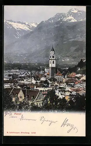 AK Meran, Teilansicht mit Kirche gegen die Alpen