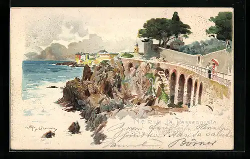 Künstler-AK Nervi, La Passeggiata