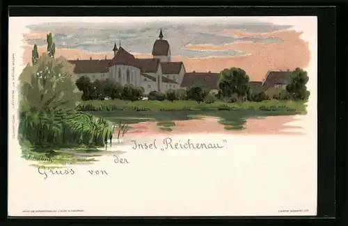 Künstler-AK Reichenau, Insel im Abendrot mit Kloster