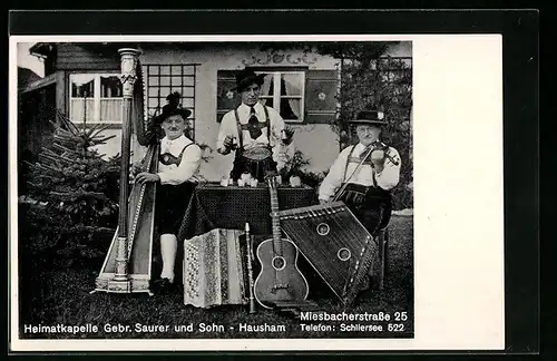 AK Hausham, Heimatkapelle Gebr. Sauer und Sohn mit Instrumenten, Miesbacherstrasse 25