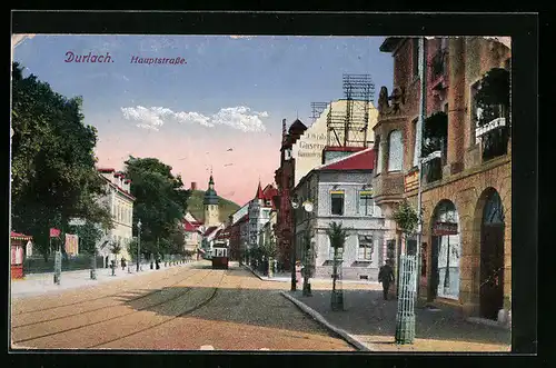 AK Durlach, Hauptstrasse mit Strassenbahn