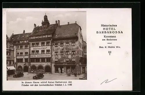 AK Konstanz am Bodensee, Hotel Barbarossa, Bes.: K. Miehle Ww.