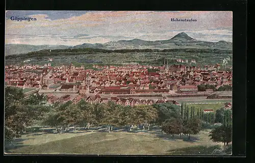 Künstler-AK Göppingen, Gesamtansicht mit Hohenstaufen