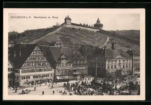 AK Esslingen a. N., Marktplatz mit Burg und Geschäften