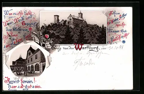 Lithographie Eisenach, Blick auf Wartburg, Wartburg-Restauration